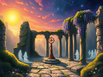 An impressionist oil painting in the style of Claude Monet, depicting ancient moss-covered ruins half-swallowed by an ethereal, overgrown forest frozen in the last golden light of dusk. At the heart of the ruins stands a lone, crumbling sundial — its shadow stretching impossibly long across broken stone floors carpeted with wildflowers, as if time itself is slowly exhaling its final breath. Ghostly figures made entirely of soft luminous mist drift between the pillars, neither alive nor gone — echoes of all the souls who once walked these halls. The sky above is torn between worlds: one half blazes with the warm amber and rose of a dying sun, the other dissolves into a deep violet cosmic void filled with faint stars, suggesting that day, night, life and death are simply two faces of the same eternal moment. Ivy and wisteria drape over broken archways like nature's funeral shroud, blooming defiantly in deep purple and white. Loose, broken brushstrokes blur the boundary between stone and mist, between past and present, between what was built and what will be reclaimed. Light dances on every surface — fractured, trembling, impossibly beautiful — as if the painting itself is aware it is slowly fading. The overwhelming feeling is not sadness, but awe: that something so fragile as a human moment could leave such an indelible wound on the fabric of time.