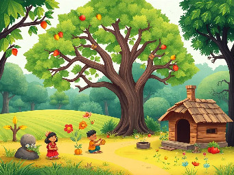 It was a small village which only had few houses. It has a lush green field stretches around. People grow vegetables, fruits and other crops in farming land. There is one Banyan tree outside of the village where the villagers spends some time. Kids play near the tree. There was a well in the middle of the village. There was a forest near the village named as dark forest. It was mysterious to see darkness even in the day light. kid‑friendly fantasy/adventure illustration.