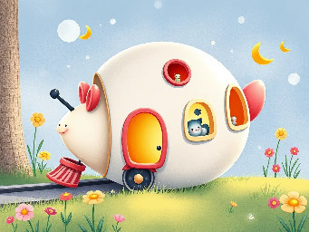 Süßer, kindlicher Fantasie-Traktor im Stil einer Bilderbuch-Illustration, geformt wie ein runder Kürbis mit kleinen freundlichen Fenstern, großen weichen Rädern, sanften Farben, Blattdetails, ein bisschen wie ein Spielzeug, liebevoll gezeichnet, hell, fröhlich, verspielt, einfach und charmant.