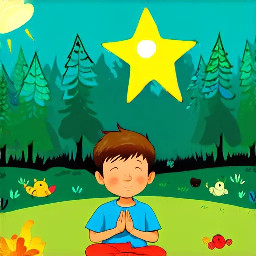 dhruv mediating as a 5 year old boy praying with a big bright star behind him in a forest