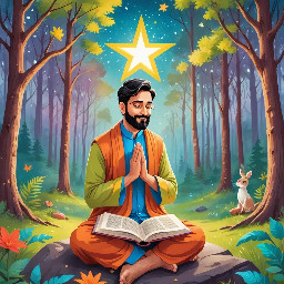 dhruv mediating as a 5 year old boy praying with indian clothes and with a big bright star behind him in a forest
