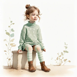 Full-body whimsical illustration of a small girl standing with slightly splayed legs, wearing an oversized chunky mint green sweater with white polka dots, ribbed high collar and exaggerated folded cuffs that swallow her hands, solid colored tights and simple brown ankle boots. She has tousled medium brown hair in loose pigtails, wispy strands, soft rounded features, flushed cheeks and a wistful, uncertain expression gazing up and to the side. Warm muted color palette, painterly textured strokes combining digital watercolor washes and colored-pencil sketch lines, visible grain and soft paper texture, gentle diffuse lighting, subtle cool shadow under feet, loose hand-drawn outlines and charming slightly rough brushwork to evoke innocence and quiet melancholy. Vertical composition, simple white background, cozy illustrative storybook style.