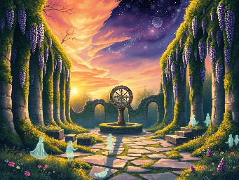 An impressionist oil painting in the style of Claude Monet, depicting ancient moss-covered ruins half-swallowed by an ethereal, overgrown forest frozen in the last golden light of dusk. At the heart of the ruins stands a lone, crumbling sundial — its shadow stretching impossibly long across broken stone floors carpeted with wildflowers, as if time itself is slowly exhaling its final breath. Ghostly figures made entirely of soft luminous mist drift between the pillars, neither alive nor gone — echoes of all the souls who once walked these halls. The sky above is torn between worlds: one half blazes with the warm amber and rose of a dying sun, the other dissolves into a deep violet cosmic void filled with faint stars, suggesting that day, night, life and death are simply two faces of the same eternal moment. Ivy and wisteria drape over broken archways like nature's funeral shroud, blooming defiantly in deep purple and white. Loose, broken brushstrokes blur the boundary between stone and mist, between past and present, between what was built and what will be reclaimed. Light dances on every surface — fractured, trembling, impossibly beautiful — as if the painting itself is aware it is slowly fading. The overwhelming feeling is not sadness, but awe: that something so fragile as a human moment could leave such an indelible wound on the fabric of time.