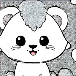 A cute chubby chibi baby lion cub with a fluffy mane, sitting and smiling. Black and white outlines only, no shading, no gray fills, thick clean bold lines, simple chibi cute style, toddler-friendly, lots of white space for coloring, storybook illustration.