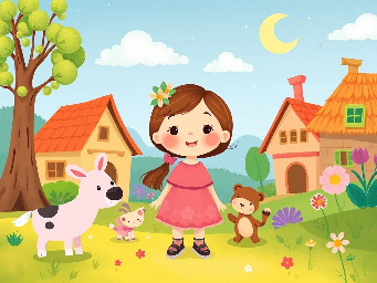 A little kind girl in the village with animals