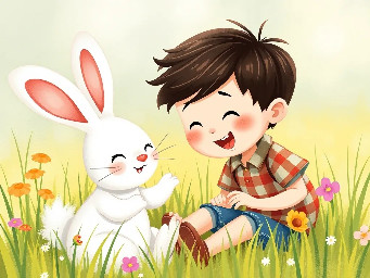The little white bunny and a boy collide and fall in a meadow in a grass laughing