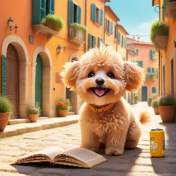 Quinnetto is a fun loving, furry, apricot maltipoo who has a EpiPen as she has allergies. She explores Italy with her mother Maria. Happy animated dog