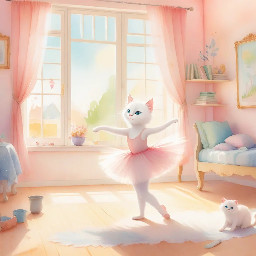 "A cute 3-year-old girl named Emma with blonde hair in a pink ballet tutu, dancing in a sunny cozy room. Next to her, a 1-year-old baby brother is trying to repeat her ballet pose. A fluffy white cat is watching them. Soft watercolor style, bright and magical atmosphere, children's book illustration."