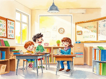 Highly detailed vibrant watercolor children’s book illustration, hand-painted traditional watercolor style, soft layered washes, visible brush strokes, subtle pigment bleeding, delicate ink linework, textured cold-pressed watercolor paper background, warm natural classroom lighting, joyful and imaginative atmosphere.  Scene setting:  Bright cheerful classroom interior during mid-morning sunlight. Large windows on one side allowing golden sunlight to stream in, soft glowing light beams painted with diluted yellow wash. Colorful alphabet posters on the walls, hand-drawn number charts, children’s artwork pinned to a corkboard, wooden desks arranged in a semi-circle, small indoor plants near the window, bookshelf filled with bright storybooks.  Foreground composition (center focus):  Four happy children interacting creatively inside the classroom:  • Boy 1 (age 8) – short curly dark hair, warm brown skin, wearing a bright blue short-sleeve shirt with subtle watercolor texture, khaki shorts, sitting at a wooden desk drawing with crayons, wide excited smile.  • Boy 2 (age 7) – soft straight dark hair, medium brown skin tone, wearing green overalls over a striped orange shirt, standing beside a globe, pointing at it curiously, gentle fascinated expression.  • Girl 1 (age 8) – braided hair tied with pink ribbons, caramel skin tone, wearing a flowing yellow dress with soft floral watercolor patterns, holding an open picture book, laughing softly.  • Girl 2 (age 7) – shoulder-length wavy black hair, warm golden-brown skin tone, wearing a purple cardigan over a mint-green skirt, round glasses, raising her hand confidently as if answering a question.  Near the children:  A fluffy grey-and-white classroom cat sitting on a desk, playfully batting at a pencil, tail curled around its paws, painted with soft layered brush strokes.  Around the classroom:  Small colorful birds (blue, yellow, and soft red) perched on the window frame and flying gently near the open window, wings softly blurred with loose watercolor strokes. A few feathers floating lightly in the air for movement.  Extra visual details:  Soft shadows under desks using diluted indigo wash. Sunlight reflecting gently off wooden floors. Subtle paint splatter details for playful energy. Warm glowing atmosphere created with golden wash overlay. Dreamy, storybook feel with harmonious color palette (coral, sky blue, sunshine yellow, soft green).  Composition:  Balanced center composition with children forming a semi-circle focal point. Slight eye-level perspective to create connection and warmth. High saturation yet soft blended watercolor tones. No harsh digital edges — authentic handmade watercolor appearance.  Typography placement:  Top center, above classroom chalkboard area.  Text style:  “Watercolor Children Book Illustration” in playful hand-painted watercolor brush lettering, soft gradient blend of pink, sky blue, and warm yellow, subtle shadow wash behind text for clarity.  Art style inspiration:  Classic storybook watercolor, soft expressive character design, whimsical classroom atmosphere, warm emotional storytelling.  -- vibrant watercolor pigments -- hand-painted texture -- soft lighting -- joyful classroom scene -- professional children book cover -- high detail -- 4k resolution -- warm tones -- whimsical mood