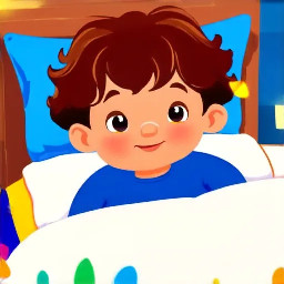 cute toddler boy prince, brown hair, brown eyes, in bed, warm cozy light, bedtime scene, disney style