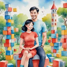 two preschool children: Ming (a boy with short black hair, blue T-shirt),  Lele (a girl with pigtails, red dress),  simple cartoon style  children’s picture book illustration,  soft watercolor style, pastel colors,  warm gentle lighting  in a kindergarten classroom with colorful blocks  A children’s picture book illustration of  two preschool children: Ming (a boy with short black hair, blue T-shirt),  Lele (a girl with pigtails, red dress),  building a very tall tower of blocks together, smiling and excited,  in a kindergarten classroom with colorful blocks,  happy and energetic mood,  soft watercolor style, pastel colors