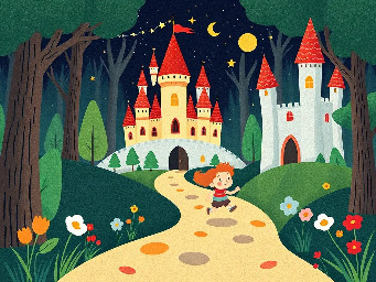 a child running from a castle in a clearing in a dark forest