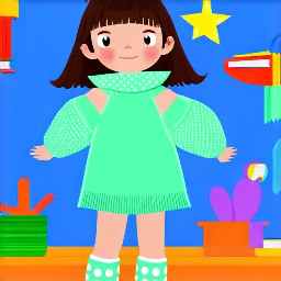 Full-body whimsical illustration of a small girl standing with slightly splayed legs, wearing an oversized chunky mint green with white polka dots, ribbed high collar and exaggerated folded cuffs that swallow her hands, solid color tights and simple brown ankle boots. She has tousled medium brown hair in loose pigtails, wispy strands, soft rounded features, flushed cheeks and a wistful, uncertain expression gazing up and to the side. Warm muted color palette, painterly textured strokes combining digital watercolor washes and colored-pencil sketch lines, visible grain and soft paper texture, gentle diffuse lighting, subtle cool shadow under feet, loose hand-drawn outlines and charming slightly rough brushwork to evoke innocence and quiet melancholy. Vertical composition, simple white background, cozy illustrative storybook style.