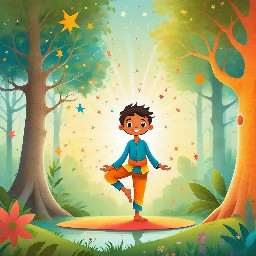 Dhruv standing in a forest in the yoga tree pose in indian clothing with a bright star in the background