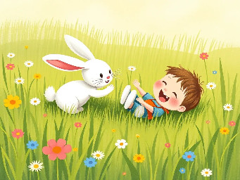 The little white bunny and a boy collide and fall in a meadow in a grass laughing