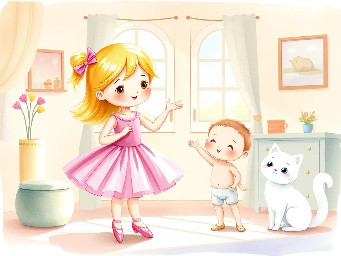 "A cute 3-year-old girl named Emma with blonde hair in a pink ballet tutu, dancing in a sunny cozy room. Next to her, a 1-year-old baby brother is trying to repeat her ballet pose. A fluffy white cat is watching them. Soft watercolor style, bright and magical atmosphere, children's book illustration."