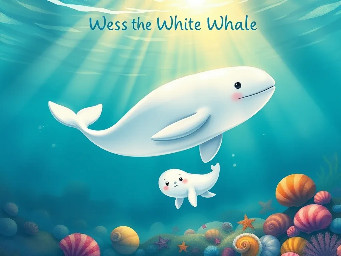 masterpiece, best quality, heartwarming illustration of a young white beluga whale calf named Wes swimming playfully alongside his mother in the sunlit shallows of the ocean, their sleek white bodies gliding through crystal clear turquoise water, beams of golden hour sunlight piercing the surface and creating magical light rays, Wes looks up with curious and joyful eyes, his large expressive fins moving gracefully, mother whale gently guiding him near a colorful seabed scattered with beautiful spiral shells and starfish, soft watercolor and digital painting style, enchanting and serene atmosphere, warm cinematic lighting, wide angle shot capturing the vastness and beauty of their underwater world, highly detailed, 4K, storybook illustration, title "Wes the White Whale" on top in kid-friendly font