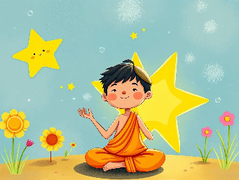 dhruv mediating as a 5 year old yogi with a big bright star behind him
