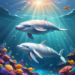 masterpiece, best quality, heartwarming illustration of a young white beluga whale calf named Wes swimming playfully alongside his mother in the sunlit shallows of the ocean, their sleek white bodies gliding through crystal clear turquoise water, beams of golden hour sunlight piercing the surface and creating magical light rays, Wes looks up with curious and joyful eyes, his large expressive fins moving gracefully, mother whale gently guiding him near a colorful seabed scattered with beautiful spiral shells and starfish, soft watercolor and digital painting style, enchanting and serene atmosphere, warm cinematic lighting, wide angle shot capturing the vastness and beauty of their underwater world, highly detailed, 4K, storybook illustration, title "Wes the White Whale" on top in kid-friendly font