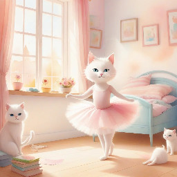 "A cute 3-year-old girl named Emma with blonde hair in a pink ballet tutu, dancing in a sunny cozy room. Next to her, a 1-year-old baby brother is trying to repeat her ballet pose. A fluffy white cat is watching them. Soft watercolor style, bright and magical atmosphere, children's book illustration."