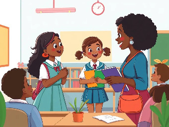 create a cartoonised colourful illustration of a 10 year old black girl in school uniform and her mother, discussing with her black class teacher in the classroom