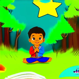 dhruv mediating as a 5 year old boy praying with indian clothes and with a big bright star behind him in a forest