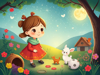 A little kind girl in the village with animals
