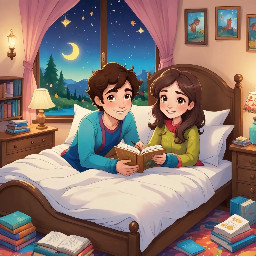 cute toddler boy prince, brown hair, brown eyes, in bed, warm cozy light, bedtime scene, disney style