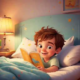 cute toddler boy prince, brown hair, brown eyes, in bed, warm cozy light, bedtime scene, disney style