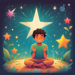 dhruv mediating as a 5 year old boy praying with a big bright star behind him