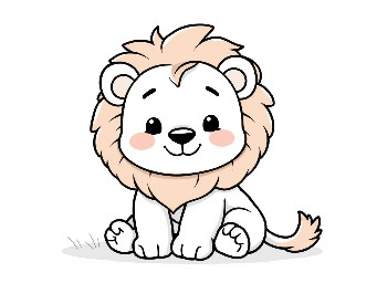 A cute chubby chibi baby lion cub with a fluffy mane, sitting and smiling. Black and white outlines only, no shading, no gray fills, thick clean bold lines, simple chibi cute style, toddler-friendly, lots of white space for coloring, storybook illustration.