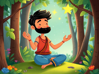Dhruv meditating in a forest in the yoga tree pose in indian clothing with a bright star in the background