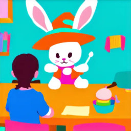 A lttle white bunny wearing a hat to hide long ears sitting at a desk in a class with human children  students