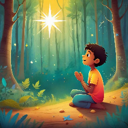 dhruv mediating as a 5 year old boy praying with a big bright star behind him in a forest