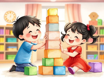 two preschool children: Ming (a boy with short black hair, blue T-shirt),  Lele (a girl with pigtails, red dress),  simple cartoon style  children’s picture book illustration,  soft watercolor style, pastel colors,  warm gentle lighting  in a kindergarten classroom with colorful blocks  A children’s picture book illustration of  two preschool children: Ming (a boy with short black hair, blue T-shirt),  Lele (a girl with pigtails, red dress),  building a very tall tower of blocks together, smiling and excited,  in a kindergarten classroom with colorful blocks,  happy and energetic mood,  soft watercolor style, pastel colors