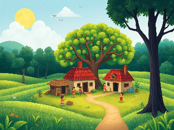 It was a small village which only had few houses. It has a lush green field stretches around. People grow vegetables, fruits and other crops in farming land. There is one Banyan tree outside of the village where the villagers spends some time. Kids play near the tree. There was a well in the middle of the village. There was a forest near the village named as dark forest. It was mysterious to see darkness even in the day light. kid‑friendly fantasy/adventure illustration.