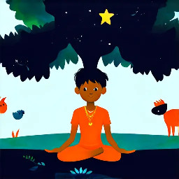 Dhruv meditating in a forest in the yoga tree pose in indian clothing with a bright star in the background