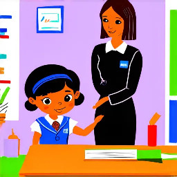 create a cartoonised colourful illustration of a 10 year old black girl in school uniform and her mother, discussing with her black class teacher in the classroom