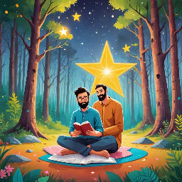 dhruv mediating as a 5 year old boy praying with a big bright star behind him in a forest