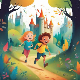 a child running from a castle in a clearing in a dark forest