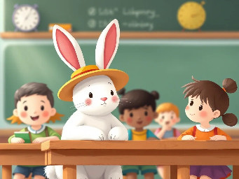 A lttle white bunny wearing a hat to hide long ears sitting at a class with human children  students