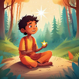 dhruv mediating as a 5 year old boy praying with indian clothes and with a big bright star behind him in a forest