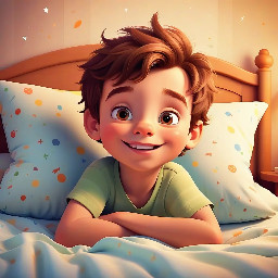cute toddler boy prince, brown hair, brown eyes, in bed, warm cozy light, bedtime scene, disney style