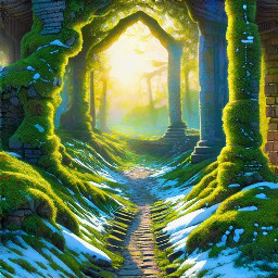 An impressionist oil painting in the style of Claude Monet, depicting ancient moss-covered ruins half-swallowed by an ethereal, overgrown forest frozen in the last golden light of dusk. At the heart of the ruins stands a lone, crumbling sundial — its shadow stretching impossibly long across broken stone floors carpeted with wildflowers, as if time itself is slowly exhaling its final breath. Ghostly figures made entirely of soft luminous mist drift between the pillars, neither alive nor gone — echoes of all the souls who once walked these halls. The sky above is torn between worlds: one half blazes with the warm amber and rose of a dying sun, the other dissolves into a deep violet cosmic void filled with faint stars, suggesting that day, night, life and death are simply two faces of the same eternal moment. Ivy and wisteria drape over broken archways like nature's funeral shroud, blooming defiantly in deep purple and white. Loose, broken brushstrokes blur the boundary between stone and mist, between past and present, between what was built and what will be reclaimed. Light dances on every surface — fractured, trembling, impossibly beautiful — as if the painting itself is aware it is slowly fading. The overwhelming feeling is not sadness, but awe: that something so fragile as a human moment could leave such an indelible wound on the fabric of time.