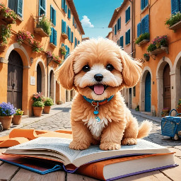 Quinnetto is a fun loving, furry, apricot maltipoo who has a EpiPen as she has allergies. She explores Italy with her mother Maria. Happy animated dog