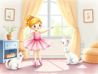 "A cute 3-year-old girl named Emma with blonde hair in a pink ballet tutu, dancing in a sunny cozy room. Next to her, a 1-year-old baby brother is trying to repeat her ballet pose. A fluffy white cat is watching them. Soft watercolor style, bright and magical atmosphere, children's book illustration."