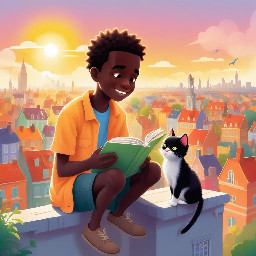 a beautiful tale about a shy black boy and his adoring pet kitten, looking out at their city from a high vantage point as the sun rises and pours golden light across the scene.