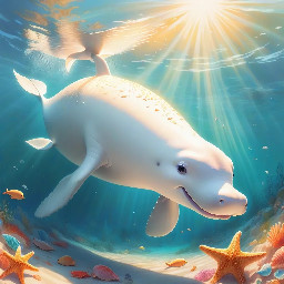 masterpiece, best quality, heartwarming illustration of a young white beluga whale calf named Wes swimming playfully alongside his mother in the sunlit shallows of the ocean, their sleek white bodies gliding through crystal clear turquoise water, beams of golden hour sunlight piercing the surface and creating magical light rays, Wes looks up with curious and joyful eyes, his large expressive fins moving gracefully, mother whale gently guiding him near a colorful seabed scattered with beautiful spiral shells and starfish, soft watercolor and digital painting style, enchanting and serene atmosphere, warm cinematic lighting, wide angle shot capturing the vastness and beauty of their underwater world, highly detailed, 4K, storybook illustration, title "Wes the White Whale" on top in kid-friendly font