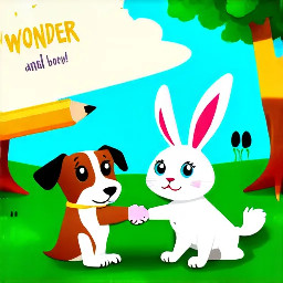 A dog and a bunny meet in the forest, handshaking. The dog is white with black paws and tail, brown eyes, the bunny is yellow with blue eyes. The style of the illustration to be pencil drawings.