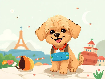 Quinnetto is a fun loving, furry, apricot maltipoo who has a EpiPen as she has allergies. She explores Italy with her mother Maria. Happy animated dog